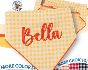 Custom Embroidered Plaid Dog Bandana - 20 Thread Colors, 6 Font Choices, 5 Fabric Patterns - Personalized Pet Scarf