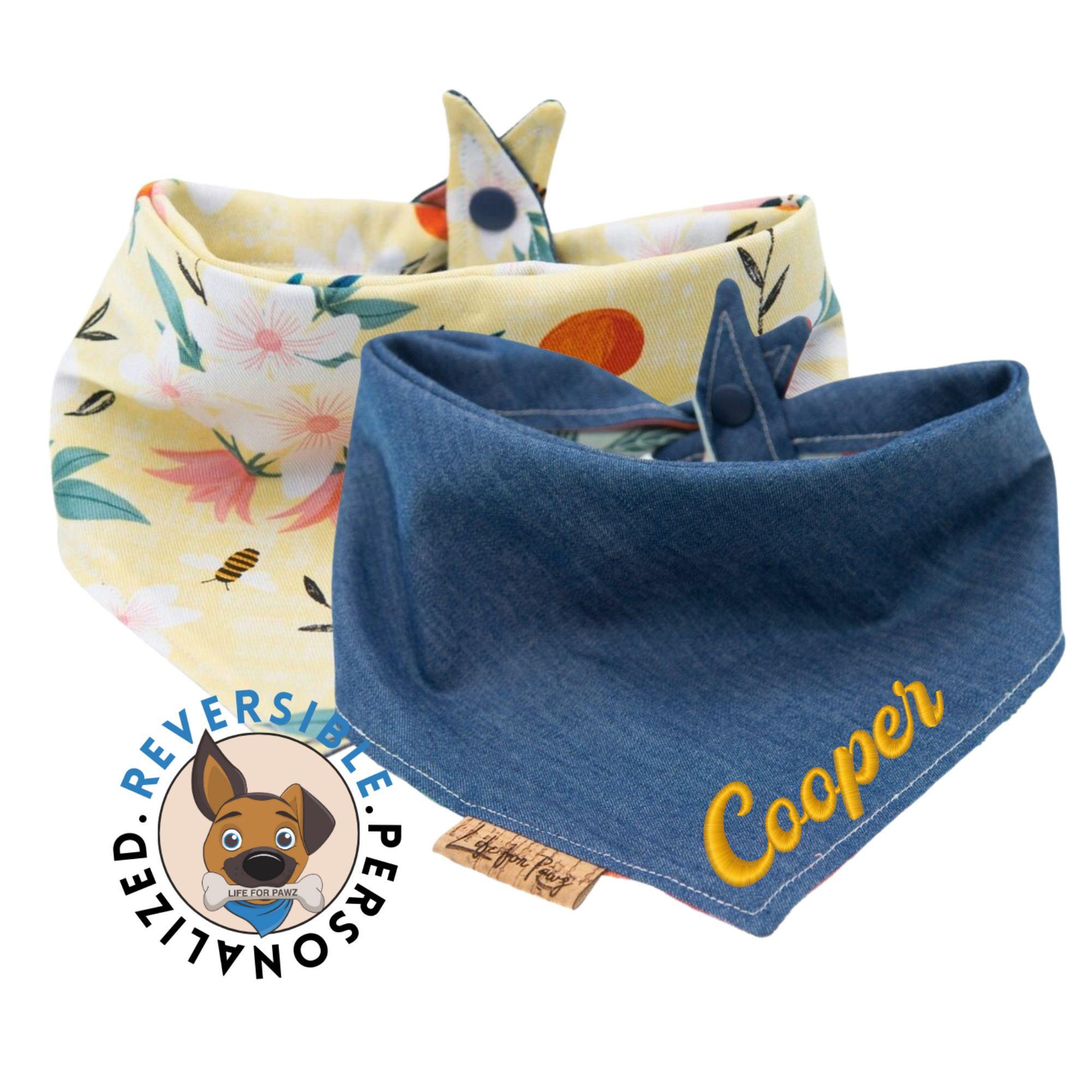 Denim Dog Bandana - Bees & Peaches Reversible- Tie & Snap Neckerchief Scarf Mom Puppy Gift