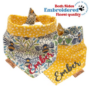 Reversible Dog Bandana – Tie and Snap – Custom Name – Honeybee Print & Yellow Floral – Spring Pet Gift – Personalized Outfit