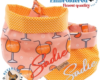 Reversible Dog Bandana, Personalized Apawrol Spritz, Custom Embroidered Name Summer Fun Pet Scarf, Polka Dot Orange Cocktail Dog Neckerchief