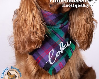 Personalized Plaid Flannel Dog Bandana: Embroidered Pet Scarf