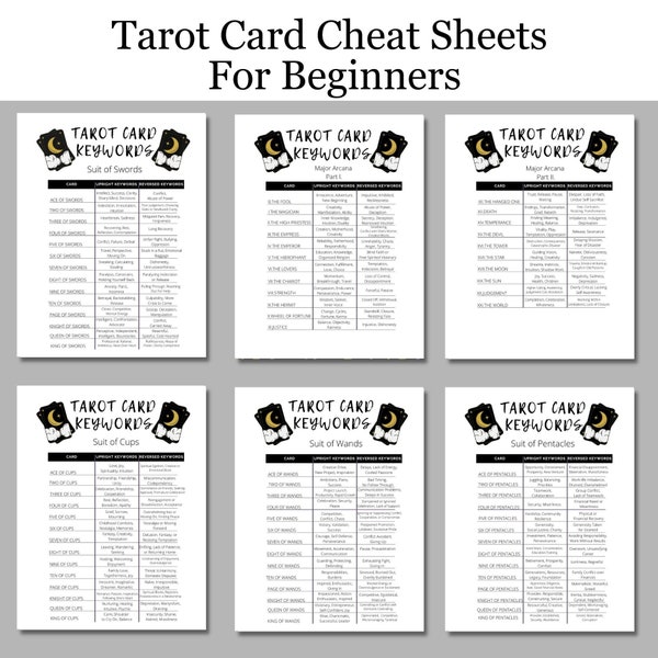 Tarot Card Cheat Sheet, Tarot Keywords, Major Arcana, Suit of Pentacles, Suit of Swords, Suit of Cups, Suit of Wands, Upright and Reversed