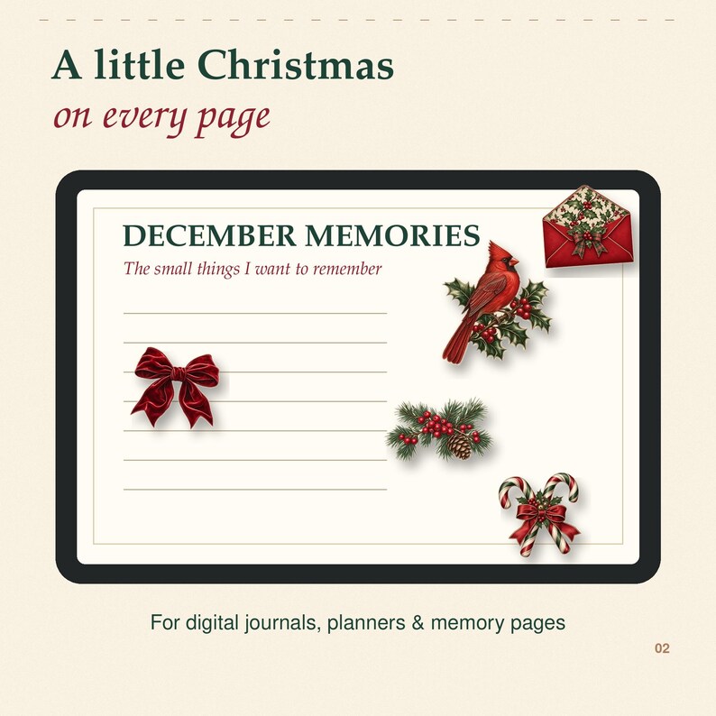 Op de afbeelding: Een digitale dagboekpagina met de tekst "A little Christmas on every page" en "DECEMBER MEMORIES The small things I want to remember", gelinieerde schrijfruimte, een rode fluwelen strik, een kardinaalvogel, een envelop, dennentakken en zuurstokken.