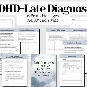 Late Diagnosed ADHD Executive Function Workbook for Adults | ADHD Planner Printable, Focus Organization Tools, Task Initiation Worksheets