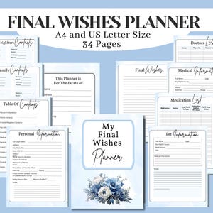 Final Wishes Planner, end of life planner, estate planning, end of life planning, funeral planner, estate organizer, last wishes, Printable