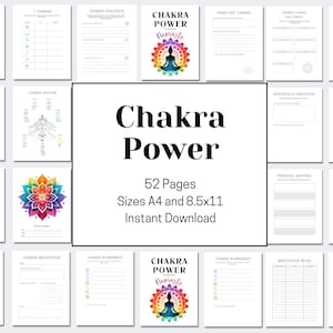 May include: A collection of white pages with text and graphics, including the title "Chakra Power" and the text "52 Pages, Sizes A4 and 8.5x11, Instant Download." The pages feature colorful chakra illustrations and various worksheet templates.