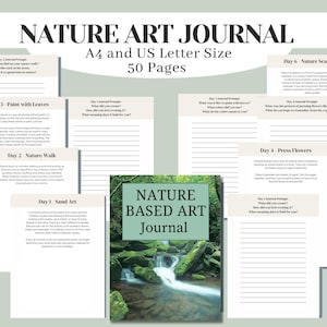May include: A nature-themed art journal with the title "NATURE ART JOURNAL" in large, bold, black letters. The journal includes prompts for various art activities, such as painting with leaves and nature walks. The cover features a photograph of a waterfall.