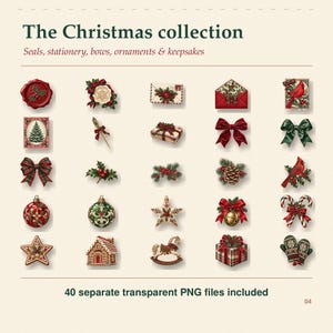 Op de afbeelding: Een digitale collectie getiteld The Christmas collection, Seals, stationery, bows, ornaments & keepsakes, met 40 afzonderlijke transparante PNG-bestanden. De set bevat illustraties van waszegels, enveloppen, strikken, dennenappels, kardinalen en ornamenten.