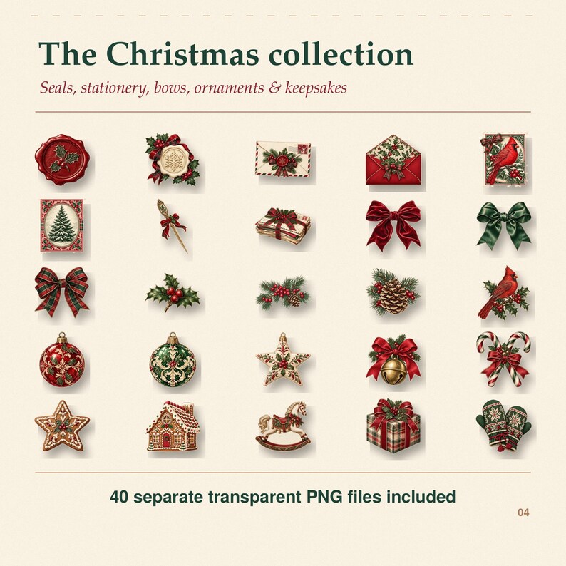 Op de afbeelding: Een digitale collectie getiteld The Christmas collection, Seals, stationery, bows, ornaments & keepsakes, met 40 afzonderlijke transparante PNG-bestanden. De set bevat illustraties van waszegels, enveloppen, strikken, dennenappels, kardinalen en ornamenten.