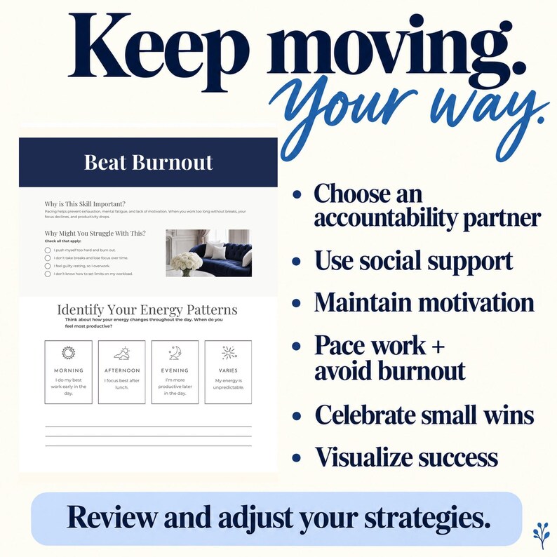 Pu&ograve; includere: Un foglio di lavoro digitale intitolato Beat Burnout con sezioni per identificare modelli energetici e strategie. Il testo include Keep moving. Your way., Choose an accountability partner, Use social support, Maintain motivation, Pace work + avoid burnout, Celebrate small wins, Visualize success e Review and adjust your strategies.