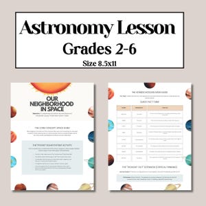 Puede incluir: Plan de lección de astronomía de dos páginas para los grados 2-6. El título es "Lección de Astronomía" con el tamaño 21,6 x 27,9 cm. La primera página tiene el título "Nuestro vecindario en el espacio" y la segunda una tabla de datos rápidos.