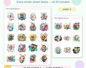 Goodnotesのミツバチステッカー、デジタルプランナーステッカー、かわいい花柄のミツバチ、透明PNG画像29枚、ステッカーシート2枚、ボーナスとしてミツバチジャーナルPDF付き