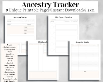 May include: Printable ancestry tracker pages with sections for tracking relationships, life events, DNA results, and ancestor leads. The pages are designed for 8.5x11 inch paper.
