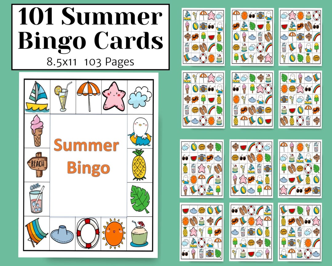 Summer Bingo Cards Printable 8.5x11, 101 Unique Kids Bingo Boards ...