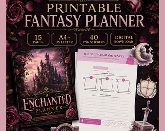 ファンタジープランナー印刷可能バンドル、中世の城のデイリー・ウィークリー目標習慣貯蓄トラッカー（プランナーステッカー付き）