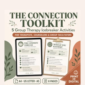 以下が含まれることがあります： The Connection Toolkit 5 Group Therapy Icebreaker Activities。セラピスト、カウンセラー、グループファシリテーター向け。デジタルタブレットのディスプレイと、テキスト、アイコン、手順が記載されたアクティビティシートを表示するクリップボードが含まれています。印刷またはデジタル形式。