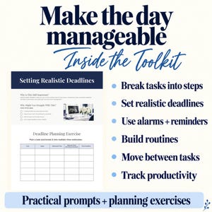 Pu&ograve; includere: Un documento di toolkit per la produttivit&agrave; digitale intitolato Make the day manageable Inside the Toolkit. Include una pagina Setting Realistic Deadlines con una tabella di esercizi di pianificazione e un elenco di sei passaggi, tra cui break tasks into steps.