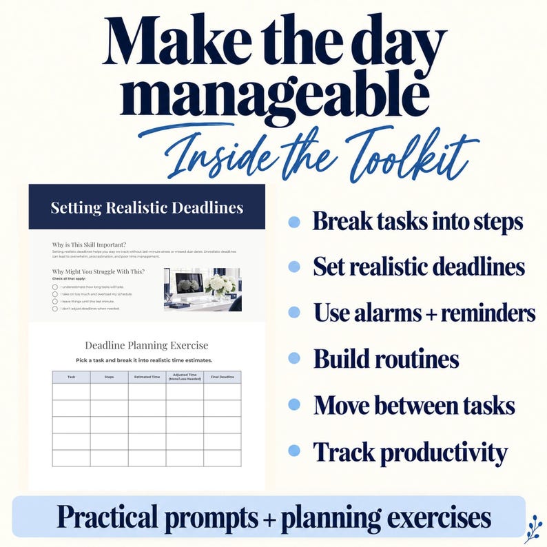 Pu&ograve; includere: Un documento di toolkit per la produttivit&agrave; digitale intitolato Make the day manageable Inside the Toolkit. Include una pagina Setting Realistic Deadlines con una tabella di esercizi di pianificazione e un elenco di sei passaggi, tra cui break tasks into steps.