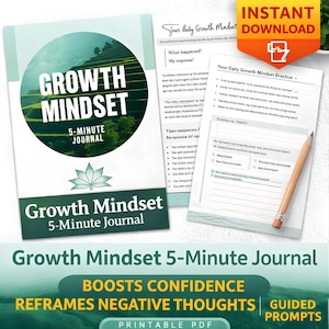 Może przedstawiać: Drukowany dziennik PDF zatytułowany "Growth Mindset 5-Minute Journal". Okładka ma zielono-biały design ze słowami "Growth Mindset" i "5-Minute Journal". Wewnętrzne strony zawierają podpowiedzi i miejsce do pisania, z ołówkiem spoczywającym na otwartej stronie.