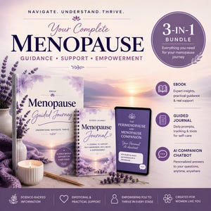 May include: A 3-in-1 menopause bundle featuring an ebook titled Menopause Guided Journey, a spiral-bound Menopause Journal, and a digital AI companion chatbot. The set includes lavender-themed graphics, a candle, and a pencil on a light surface.