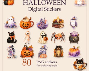ハロウィンデジタルステッカー、Goodnotes用の居心地の良いヴィンテージ風デザイン、かわいい幽霊、魔女、黒猫、ヴィンテージPNGプランナーバンドル
