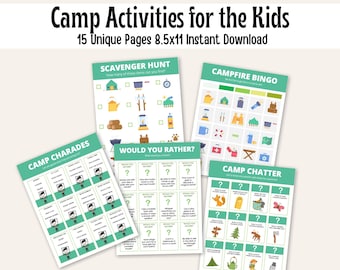 Actividades de campamento para niños imprimibles, paquete de juegos de campamento, juegos de campamento para niños en PDF, búsqueda del tesoro, bingo, charadas, descarga instantánea