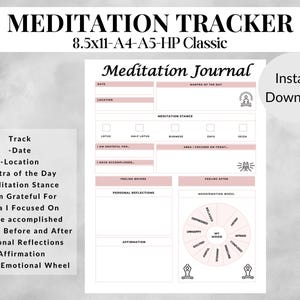 Meditation Journal Printable PDF, Mindfulness Reflection Workbook, Daily Mood Tracker, Mantra & Affirmation Log, Digital Download