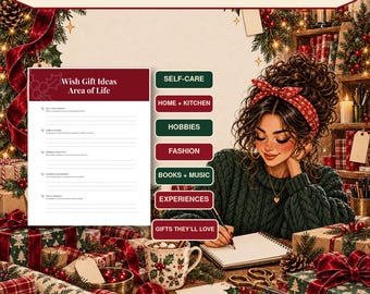 大人のクリスマスウィッシュリスト印刷用、ホリデーウィッシュリストプランナー、ギフトアイデアワークシート、クリスマスギフトリストPDF