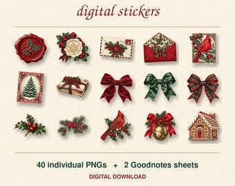 Goodnotes用のヴィンテージクリスマスデジタルステッカー、懐かしいホリデープランナーステッカー、iPadジャーナリングPNG、スクラップブックデコレーション