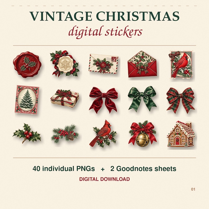 Op de afbeelding: Een verzameling digitale vintage kerststickers met rode kardinalen, hulsttakjes, enveloppen, strikken, een peperkoekhuisje en een belletje. De tekst luidt VINTAGE CHRISTMAS digital stickers, 40 individual PNGs + 2 Goodnotes sheets.