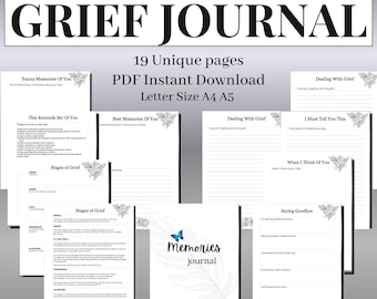 Verdrietdagboek pdf-afdrukbaar voor verlies en rouwverwerking | Healing Workbook met herinneringsvragen, stadia van rouw, coping-dagboek voor genezing van verlies