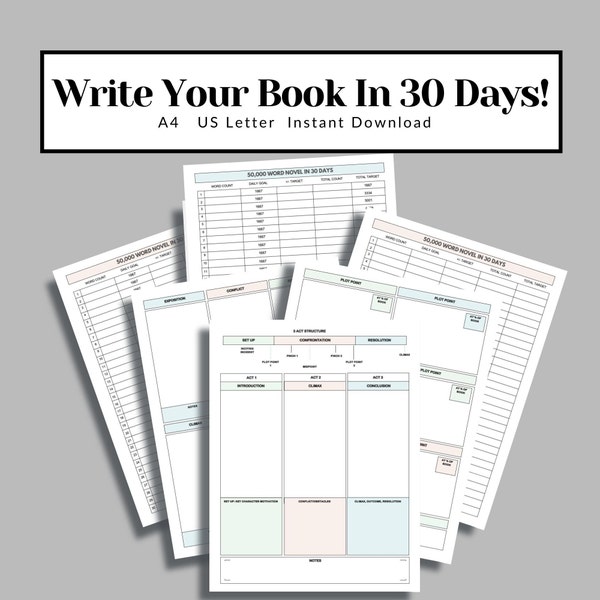 Author Writer Book Planner Outline to Write a Novel Write Your Book in 30 Days Printable Instant Download A4 US Letter Size