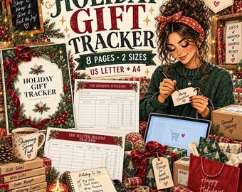 クリスマスギフトプランナー（印刷可能）、ホリデーショッピング＆予算トラッカー、ギフトリスト＆ラッピングオーガナイザー、PDF即時ダウンロード