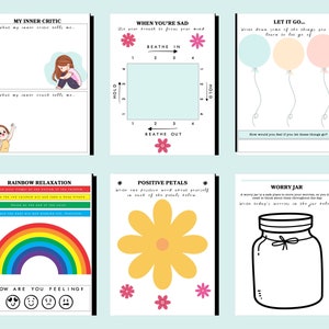 Puede incluir: Cuaderno de trabajo imprimible con ilustraciones coloridas y actividades para gestionar la ansiedad y el estr&eacute;s. Las p&aacute;ginas incluyen indicaciones para llevar un diario, ejercicios de respiraci&oacute;n y t&eacute;cnicas de mindfulness. El cuaderno de trabajo presenta un arco&iacute;ris, una flor, un frasco y globos.
