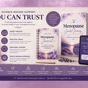 May include: A promotional graphic featuring a Menopause Guided Journey ebook, a spiral-bound Menopause Journal, and a tablet displaying The Perimenopause and Menopause Companion AI assistant. The layout includes text, icons, and lavender floral accents.