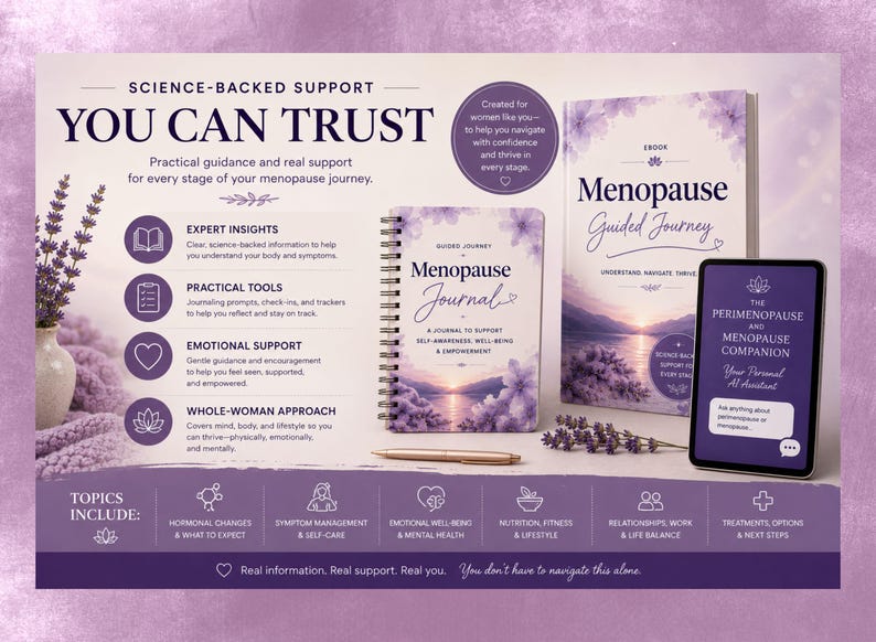 May include: A promotional graphic featuring a Menopause Guided Journey ebook, a spiral-bound Menopause Journal, and a tablet displaying The Perimenopause and Menopause Companion AI assistant. The layout includes text, icons, and lavender floral accents.