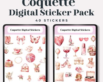 Coquette Digital Stickers PNG Set – 40 Pre-Cropped Planner Stickers, Pink Feminine Aesthetic Stickers for GoodNotes Notability iPad Planning