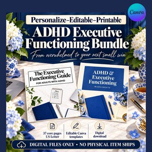 ADHD Executive Functioning Workbook Bundle, Adult ADHD Guide, Printable Worksheets, Editable Canva Templates, Task Planning & Bonus Toolkit