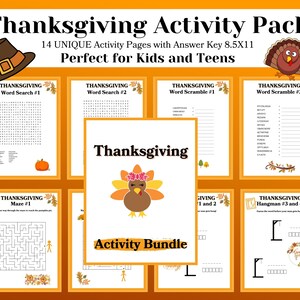 Könnte beinhalten: Ein Thanksgiving-Aktivitätspaket mit 14 Seiten voller Wortsuchrätsel, Wortsalat, Labyrinthe und Galgenmännchen-Spielen. Das Set enthält einen Lösungsschlüssel und misst 21,59x27,94 cm. Die Seiten zeigen Truthahn-, Kürbis- und Herbstblattmotive.