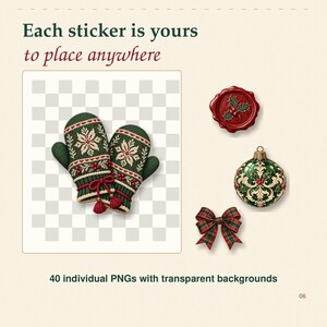 Op de afbeelding: Een digitale collectie van 40 individuele PNG-stickers met transparante achtergronden, met feestelijke afbeeldingen zoals een paar groene gebreide wanten met rode kwastjes, een rood waszegel met hulst, een groene kerstbal en een geruite strik.