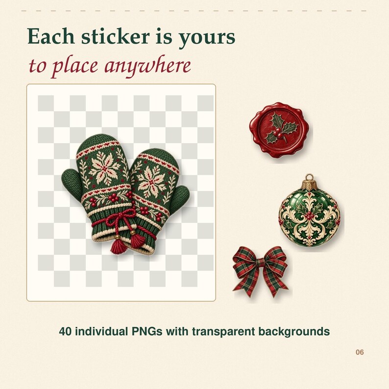 Op de afbeelding: Een digitale collectie van 40 individuele PNG-stickers met transparante achtergronden, met feestelijke afbeeldingen zoals een paar groene gebreide wanten met rode kwastjes, een rood waszegel met hulst, een groene kerstbal en een geruite strik.