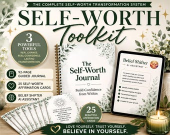 Self-Worth Journal  Toolkit | Confidence Workbook, 25 Affirmation Cards & Belief Shifter AI Assistant | Printable PDF