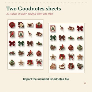 Op de afbeelding: Twee digitale Goodnotes-vellen met in totaal 40 kerststickers. De collectie bevat rode en groene strikken, kardinalen, dennenappels, hulst, kerstballen, zuurstokken, sterren, cadeautjes en afbeeldingen van peperkoekhuisjes.
