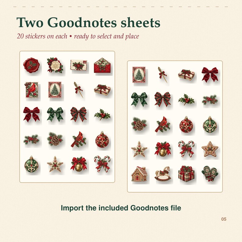 Op de afbeelding: Twee digitale Goodnotes-vellen met in totaal 40 kerststickers. De collectie bevat rode en groene strikken, kardinalen, dennenappels, hulst, kerstballen, zuurstokken, sterren, cadeautjes en afbeeldingen van peperkoekhuisjes.