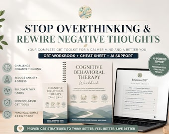 CBT Workbook & AI Assistant | Cognitive Behavioral Therapy Workbook | Anxiety Relief | Overthinking Help | CBT Journal