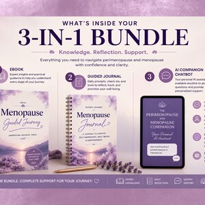May include: A 3-in-1 bundle featuring a Menopause Guided Journey ebook, a spiral-bound Menopause Journal, and a tablet displaying an AI companion chatbot. The set includes text detailing knowledge, reflection, and support for perimenopause and menopause.