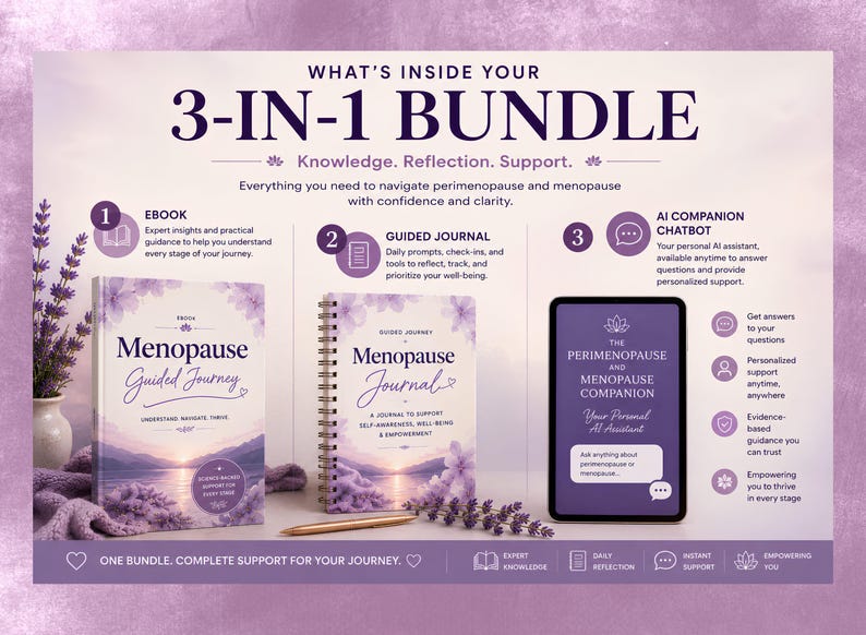 May include: A 3-in-1 bundle featuring a Menopause Guided Journey ebook, a spiral-bound Menopause Journal, and a tablet displaying an AI companion chatbot. The set includes text detailing knowledge, reflection, and support for perimenopause and menopause.