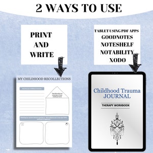 May include: A digital tablet displaying a printable journal titled "Childhood Trauma Journal: Therapy Workbook". The journal cover features a black and white illustration of a chandelier with a lotus flower design. The image also shows a printed journal page with the title "My Childhood Recollections" and prompts for journaling.