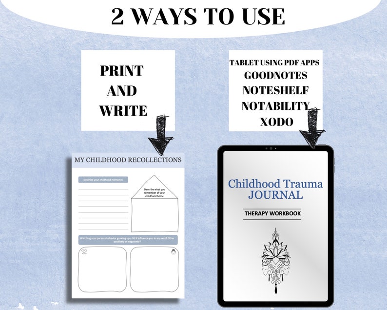 May include: A digital tablet displaying a printable journal titled "Childhood Trauma Journal: Therapy Workbook". The journal cover features a black and white illustration of a chandelier with a lotus flower design. The image also shows a printed journal page with the title "My Childhood Recollections" and prompts for journaling.