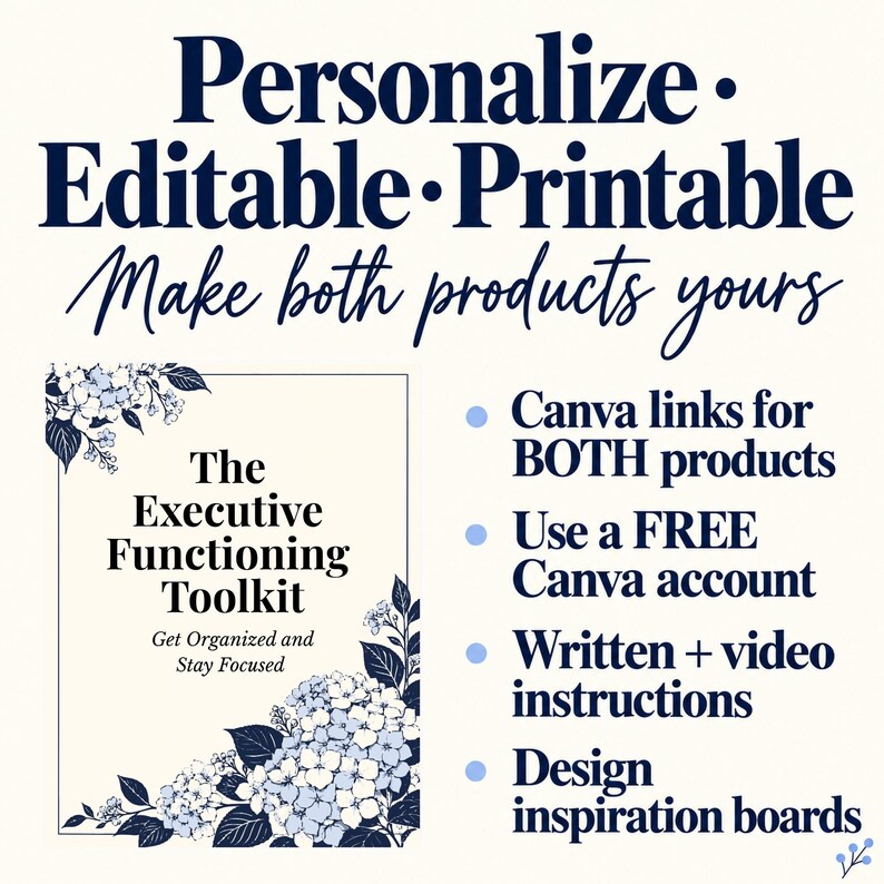 Pu&ograve; includere: Un documento digitale intitolato The Executive Functioning Toolkit con motivi floreali. Il testo include Personalize, Editable, Printable, Make both products yours, Canva links for BOTH products, Use a FREE Canva account, Written + video instructions e Design inspiration boards.